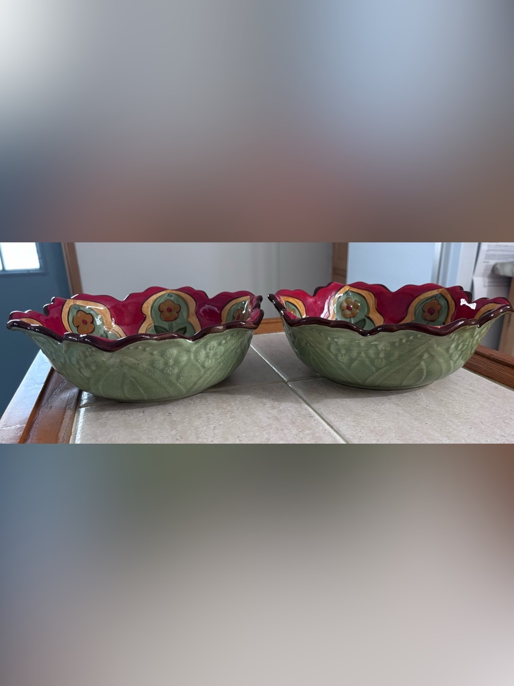 Pier 1 Carynthum Set Of 2 10" Hand Painted Earthenware Beautiful Serving Bowls